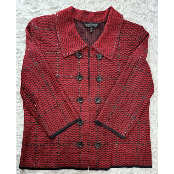 Ming Wang 2 Piece Set Womens Medium Red And Black Studded Tank Jacket Set Knit - Picture 9 of 14